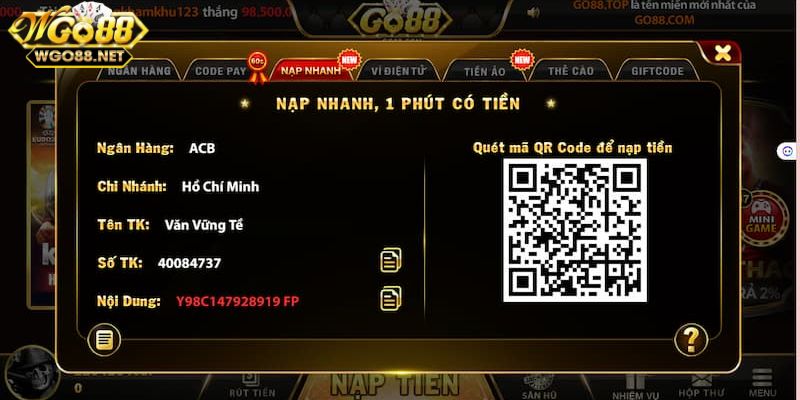 Hướng dẫn các phương thức nạp tiền Go88 nhanh chóng nhất